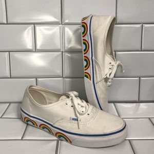 VANS Mens Size 6.5 / Women Size 8 Classic White With Rainbows Sneakers; Preloved